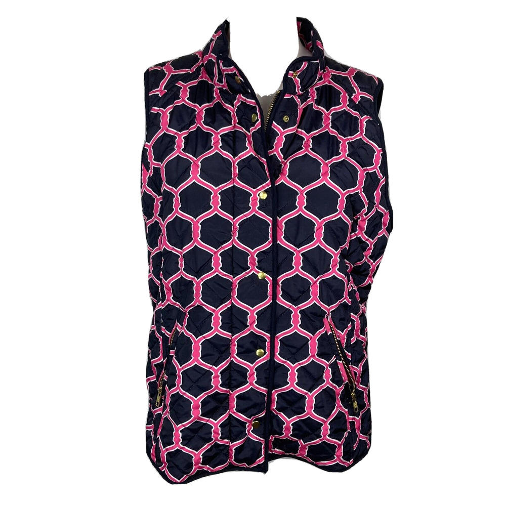 Crown & Ivy Vest Womens Sz L Navy Blue Pink Chain Link Quilted Puffer